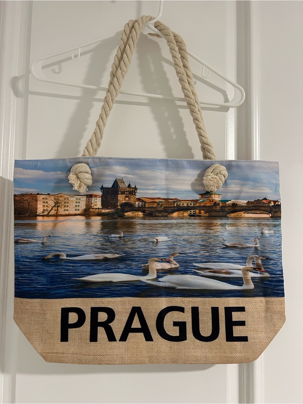 Prague Scenic Rope-Handle Beach Tote in Blue and Tan